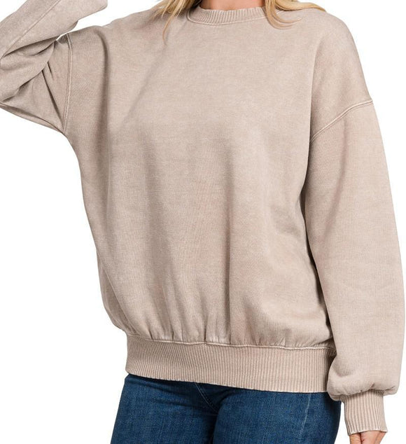 Acid Washed Fleece Oversized Pullover - Ash Mocha - by Zenana