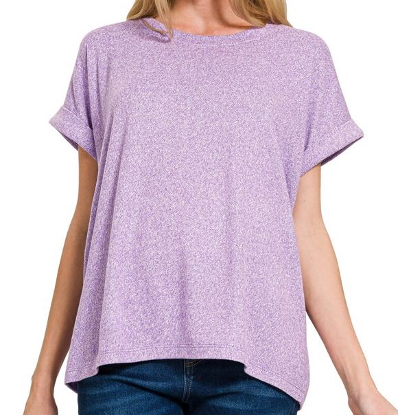 Zenana Soft Melange Short Sleeve Round Neck Top - Lavender - by Zenana