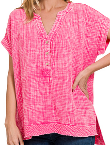 Washed Double Gauze 3/4 Button Henley Top - Fuchsia - by Zenana