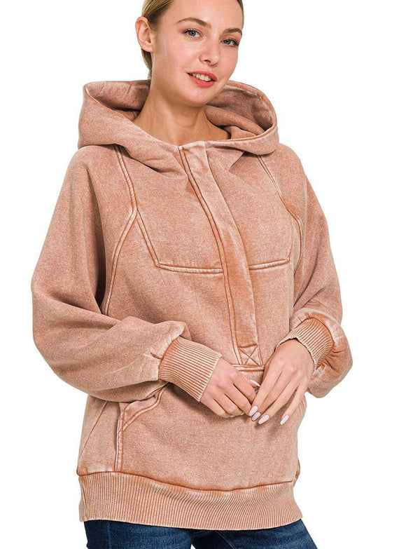 Acid Wash Fleece Oversized 1/4 Zip Kangaroo Hoodie- Rust - by Zenana