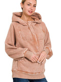 Acid Wash Fleece Oversized 1/4 Zip Kangaroo Hoodie- Rust - by Zenana