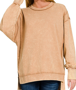 Acid Wash f/terry Exposed-Seam Sweatshirt - Dark Brush - by Zenana