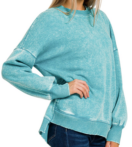 Acid Wash Fleece Hi-Low Pullover - Lt Teal - by Zenana