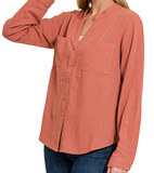 Linen Henley Button Down Top - Rust - by Zenana