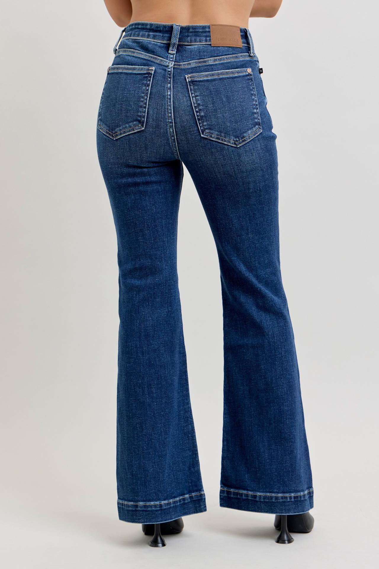 Petite High Waist Trouser Flare - Dark Wash - by Judy Blue