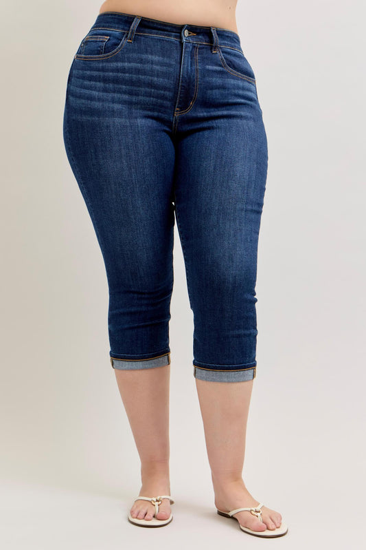 Plus High Waisted Capri with Cuff Jeans - by Judy Blue