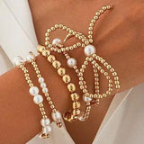 Gold Multi-Layer Ball Chain Bead Pearl Bow Bracelet - by JOSSLYN