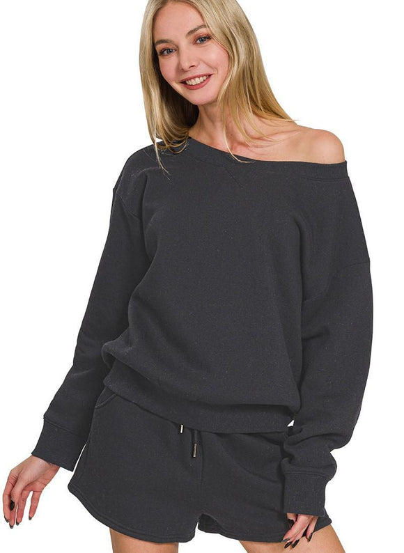 Fleece Boat Neck Sweatshirts & Shorts 2pcs Set - Black - by Zenana
