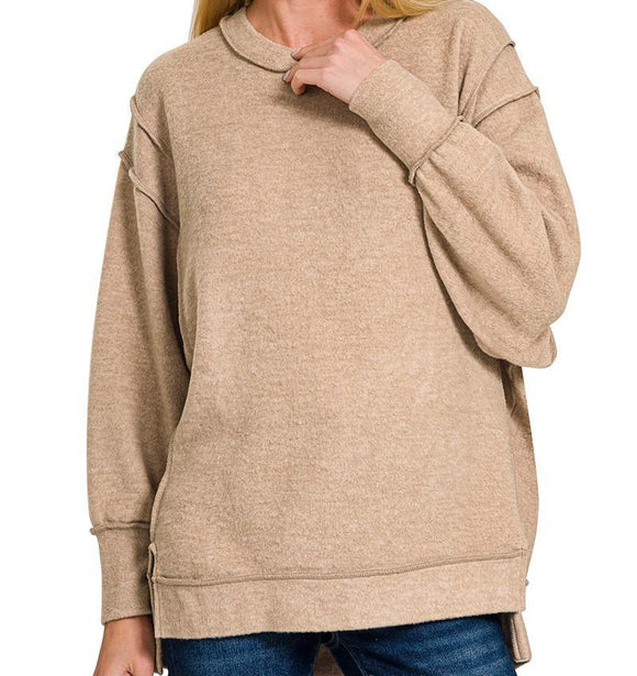 Brushed Melange Hacci Oversized Sweater - Ash Mocha - by Zenana