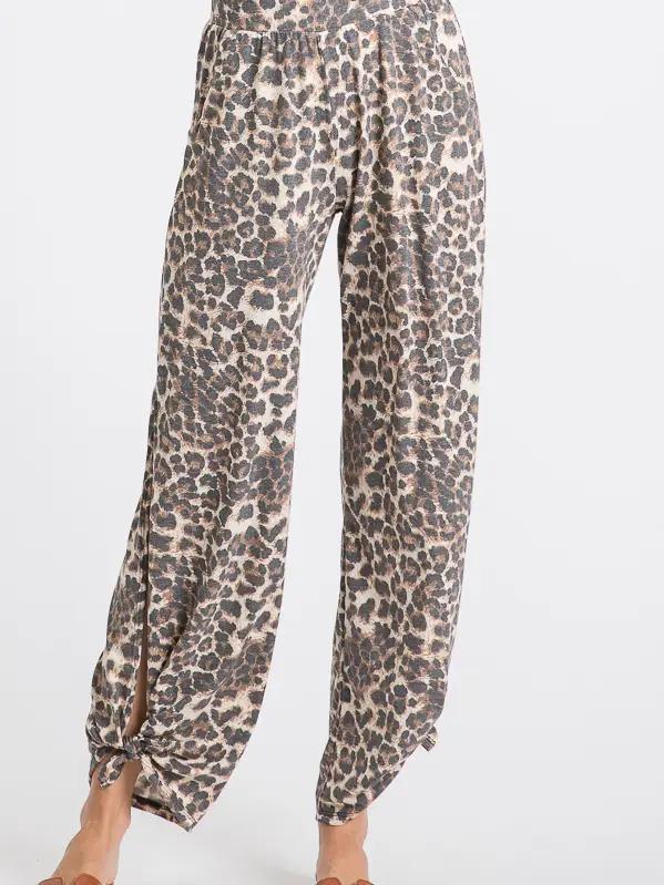 Leopard Split Side Ankle Tie Women's Pants - by 7th Ray