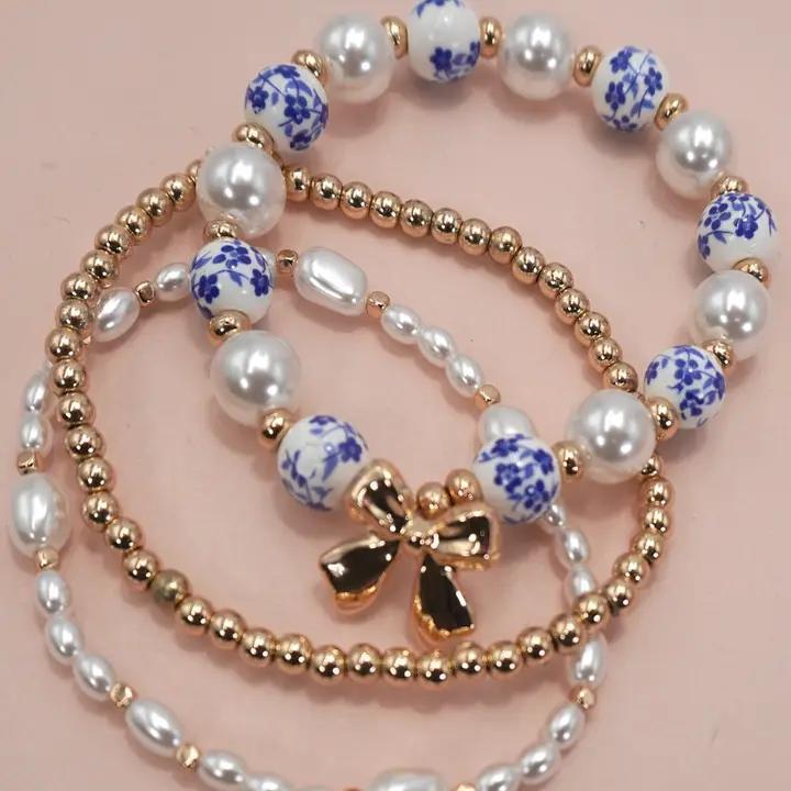 Blue Ceramic Porcelain Bow Multi Layer Bracelet - by JOSSLYN