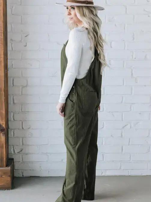 Solid Pocketed Corduroy Overalls - Jungle Green - by Lovesoft