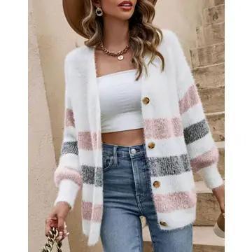 Soft striped button knit cardigan - pink- HIDDENBRAND