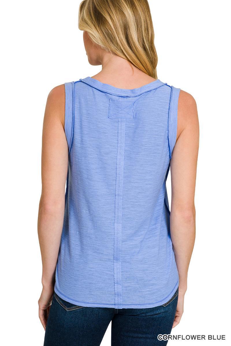 Slub Raw Edge Tank Top - Cornflower Blue - by Zenana