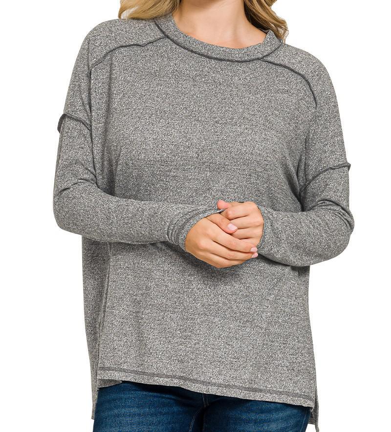 Soft Melange Hacci Exposed Seam Hi/Lo Tee - Black - by Zenana