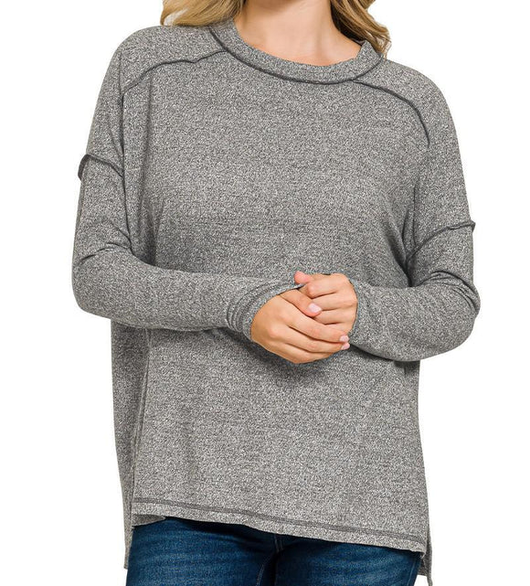 Soft Melange Hacci Exposed Seam Hi/Lo Tee - Black - by Zenana