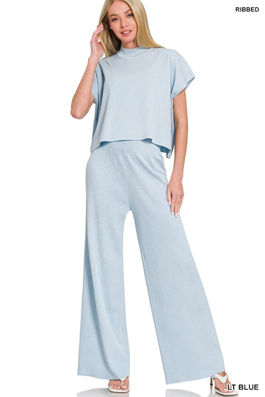 Viscose Sweater Short Sleeve Top & Pants Set - LT Blue - by Zenana