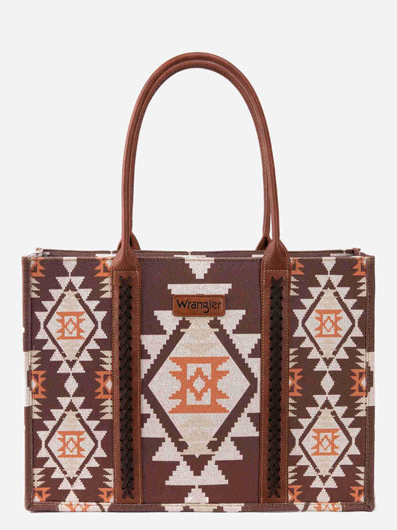 Wrangler Southwestern Pattern Dual Sided Print Canvas Wide Tote - Dark Coffee - by Montana West