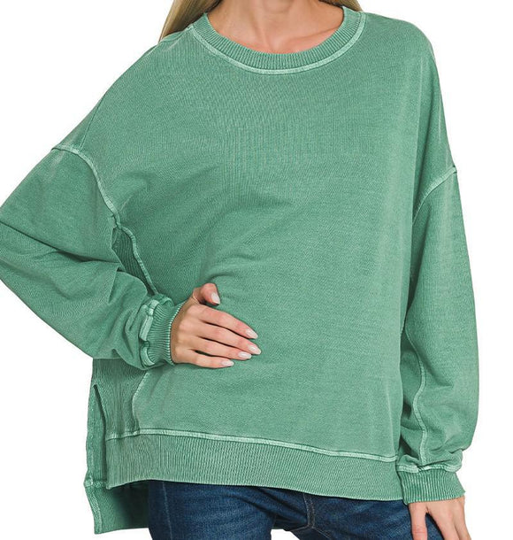 French Terry Pigment Dye/Enzyme Washing Pullover - Dark Green - by Zenana