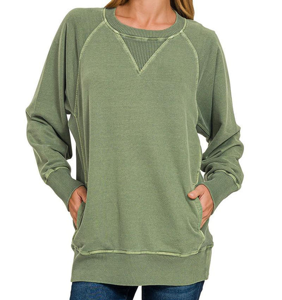Pigment Dyed French Terry Pullover with Pockets - Light Olive - by Zenana