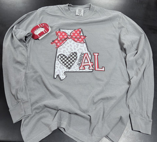 Alabama State Bow Shirt - Grey - Comfort Color LS
