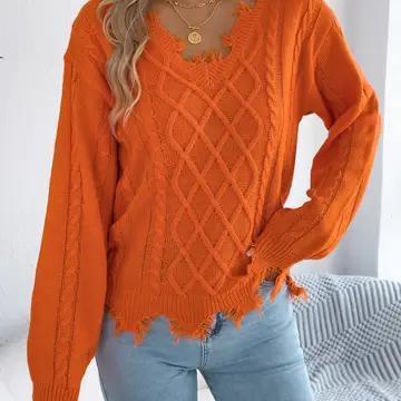 V Neck Cable Knit Tassel Long Sleeve Sweater - Orange- HIDDENBRAND