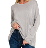 Ribbed Striped Oversized Long Sleeve Top - LT Gray - by Zenana