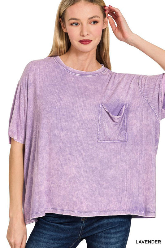 Washed Ribbed Cuffed Short Sleeve Top with Pocket - Lavender - by Zenana