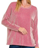 Ribbed Striped Oversized Long Sleeve Top - Dark Red - by Zenana