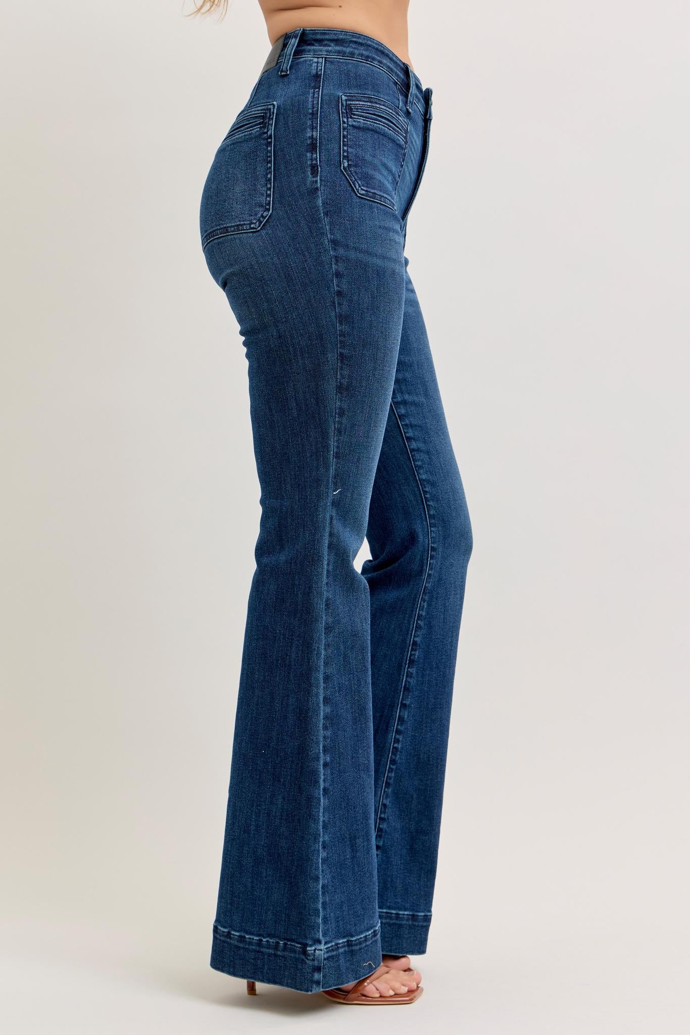 High Waist Flare Mitered/ Pintuck Pocket Flare Jean - Dark Wash - by Judy Blue