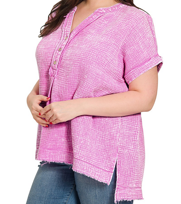 Plus Double Gauze 3/4 button Henley Shirt - Bright Mauve - by Zenana