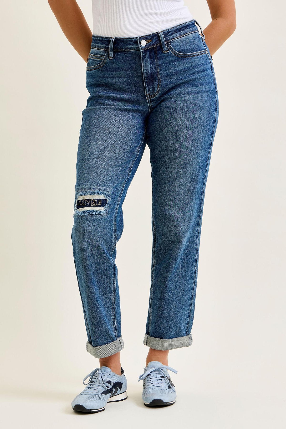 Mid Rise Boyfriend Embroidered Repair Patch Jeans - Medium Wash - by Judy Blue