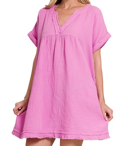 Double Gauze Raw Edge V-neck dress - Mauve - by Zenana