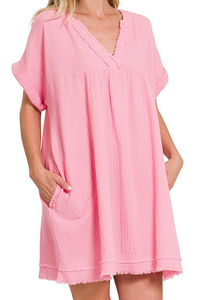 Double Gauze Raw Edge V-neck dress - Dark Pink - by Zenana