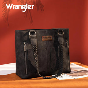 Wrangler Braided Detail Multi Pockets Concealed Carry Tote - Black - by Montana West