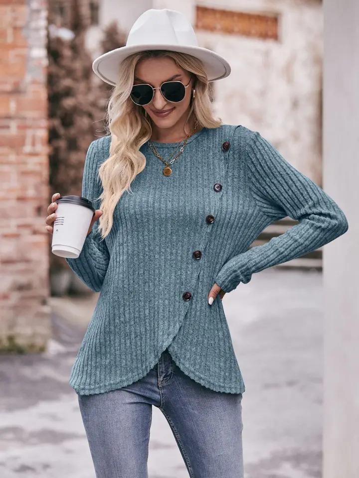 Round Neck Tulip Hem Button T-Shirt - Blue - by Lovesoft