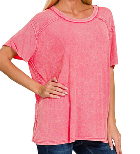 Ribbed Boat Neck Short Sleeve Oversized Washed Top - Fuchsia - by Zenana