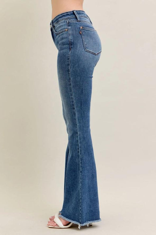 Mid Rise Flare w/ Distressed Fray Hem - Vintage Wash - by Judy Blue
