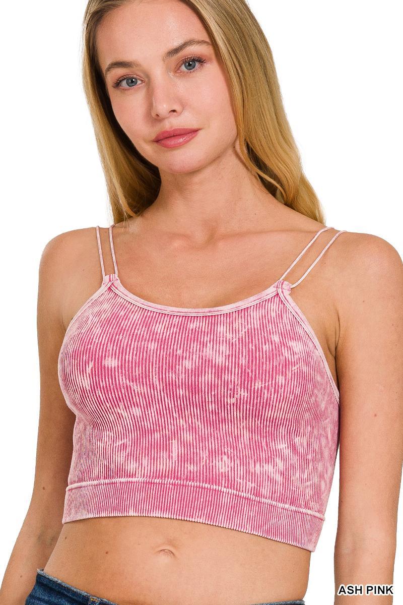 Washed Ribbed Seamless Double Strap Brami - Ash Pink - by Zenana