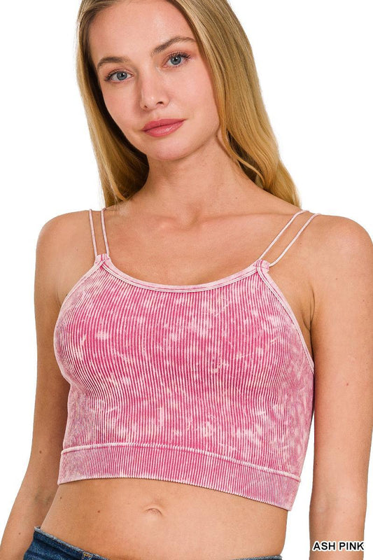 Washed Ribbed Seamless Double Strap Brami - Ash Pink - by Zenana