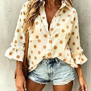 Leisure Polka Dots ruffle 3/4 sleeve button up blouse - Apricot- HIDDENBRAND