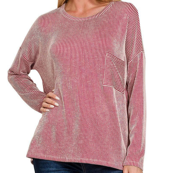 Ribbed Striped Oversized Long Sleeve Top - Dark Red - by Zenana
