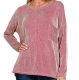 Ribbed Striped Oversized Long Sleeve Top - Dark Red - by Zenana