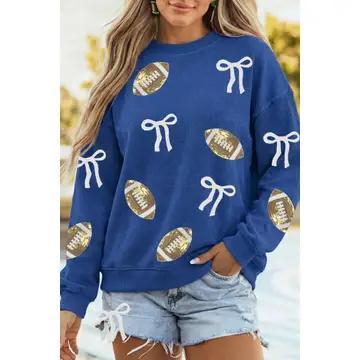 Game Day Sequin Football & Bow - Blue - Little Daisy Closet