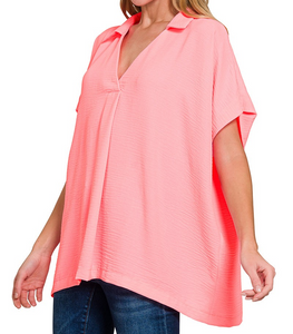 Zenana Airflow Collared V Neck Short Sleeve Top - Bight Pink - by Zenana
