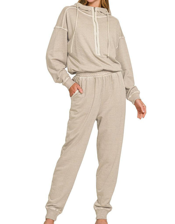 Enzyme Washed French Terry Jumpsuit - Ash Mocha - by Zenana
