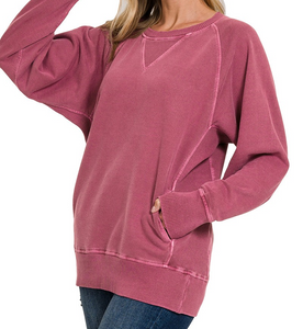 Pigment Dyed French Terry Pullover with Pockets - Cabernet - by Zenana