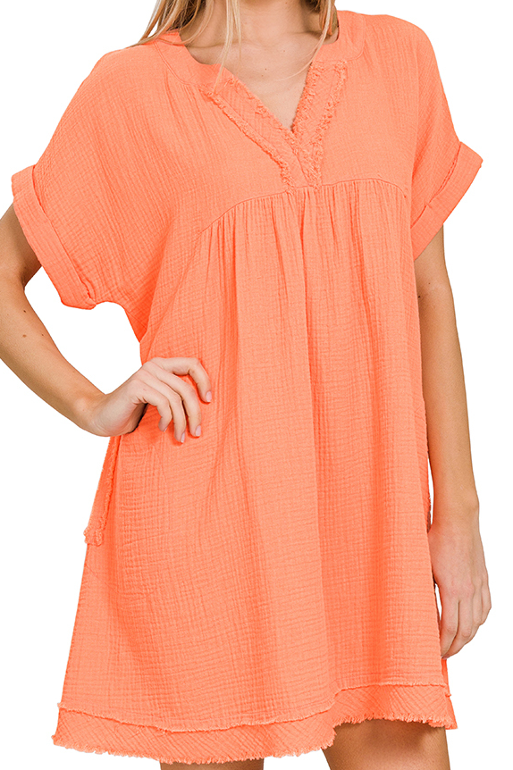 Gauze Rolled Short Sleeve Raw Edge V-Neck Dress - Coral - by Zenana