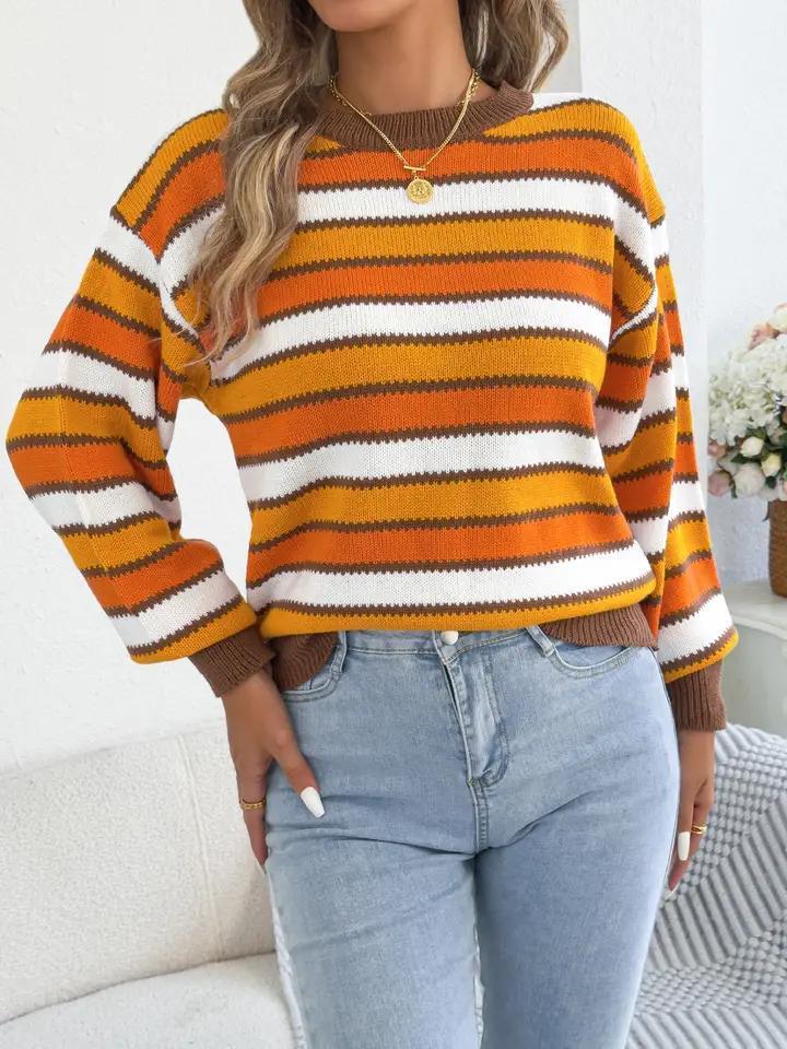 Casual Color-Block Striped Lantern Sleeve Pullover Sweater - HIDDENBRAND