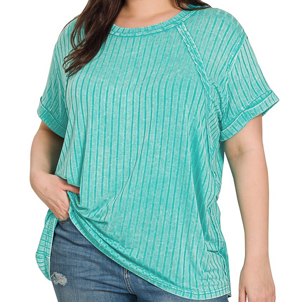 Plus Acid Washed Short Sleeve Boat Neck Ribbed Top - Turquoise - by Zenana